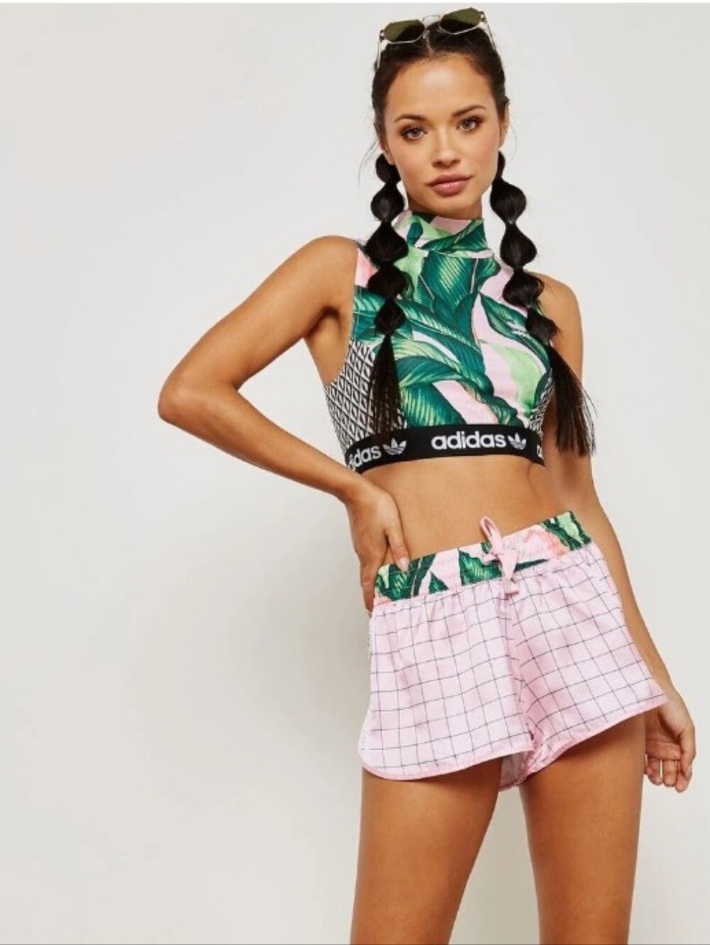 adidas x Farm Rio Tropical Print Cropped Mock Neck Sports Top -Pink & Green